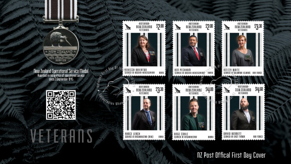 6 stamps of veterans on a silver fern, with a medal beside them
